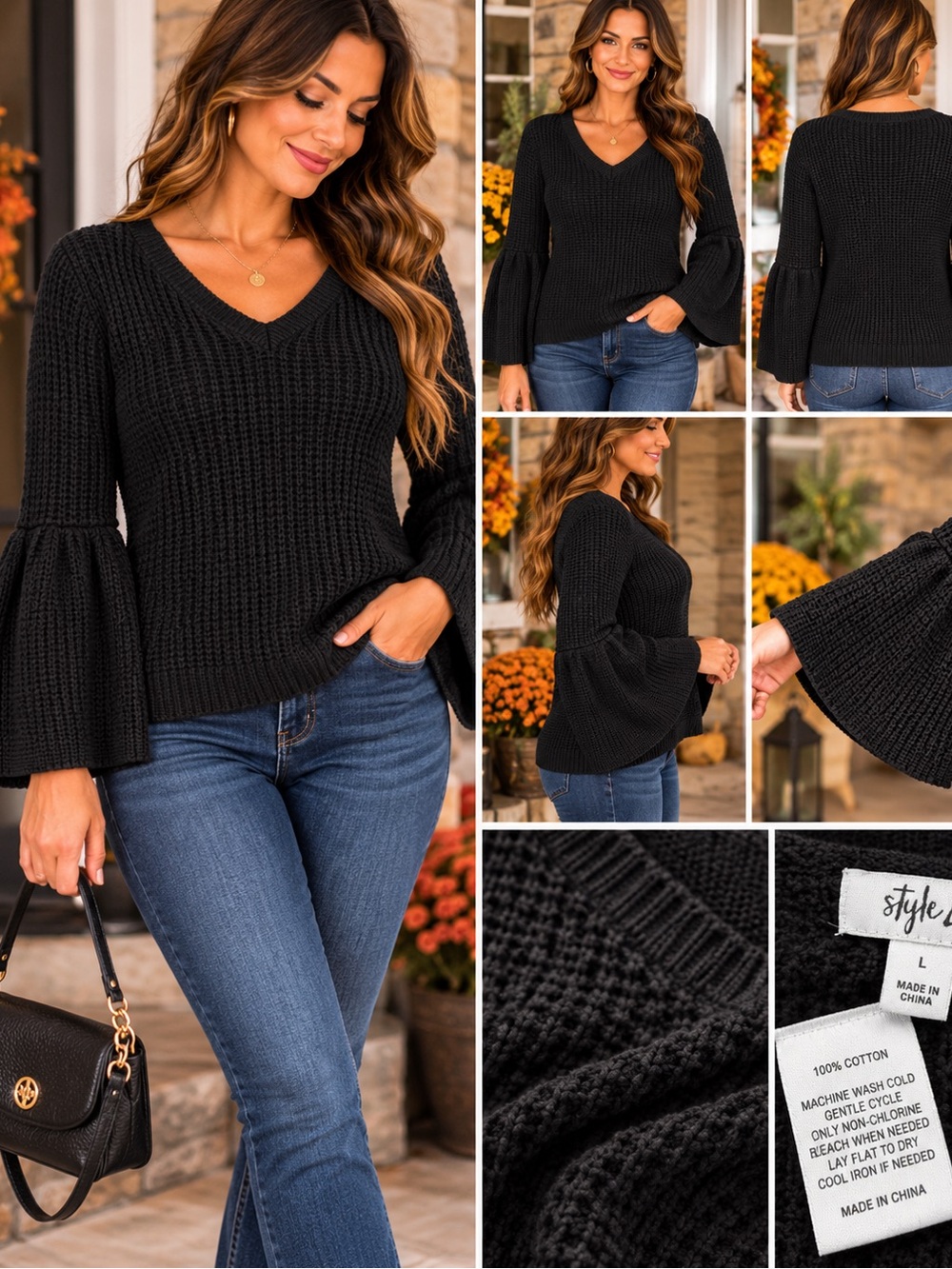 Style & Co. Black V-Neck Bell Sleeve Knit 100% Cotton Sweater Fall Winter Boho